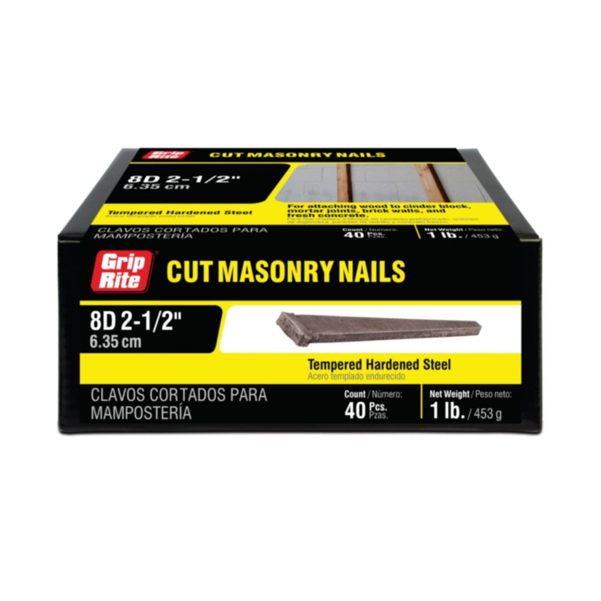 A box labeled GRIP-RITE 8CUTMAS1 holds 40 pieces of 2-1/2 in. 8D tempered hardened steel nails by Grip-Rite, perfect for securing hardwood flooring to concrete subfloors. The plain white background includes navigation text like Home and Hand Drive Nails.